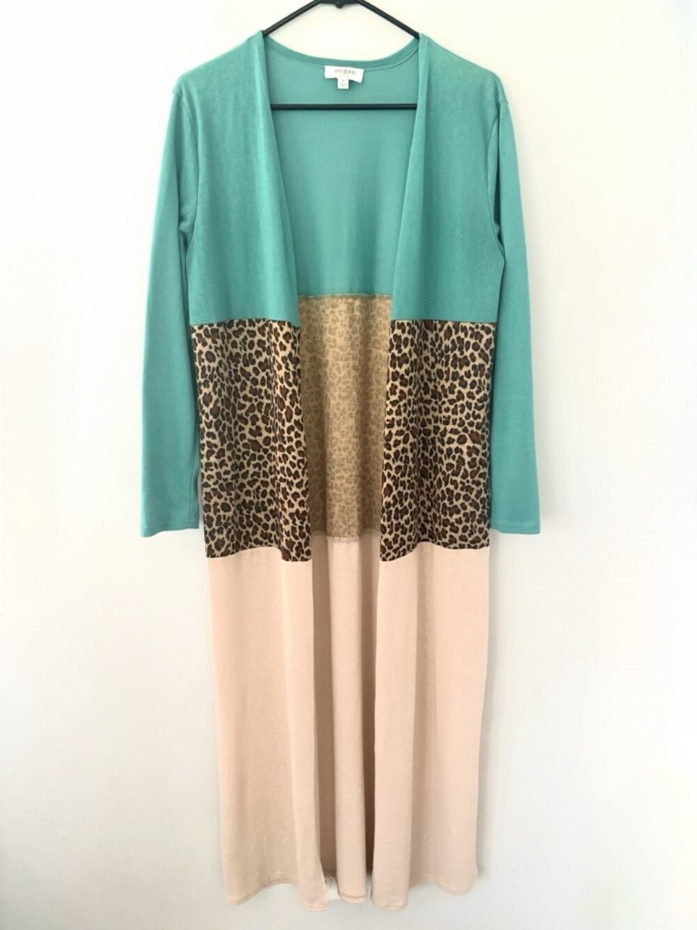 Umgee Women’s Medium Linen Blend Animal Print Colorblock Kimono Cardigan Duster